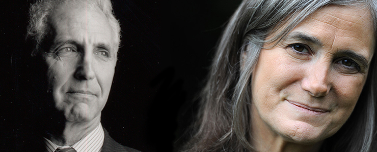 headshot of Daniel Ellsberg on the left, looking to the right, with Amy Goodman's headshot on the right