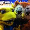 Sammy Slug and KC the Owl Enjoying a UCSC Men's Volleyball game 